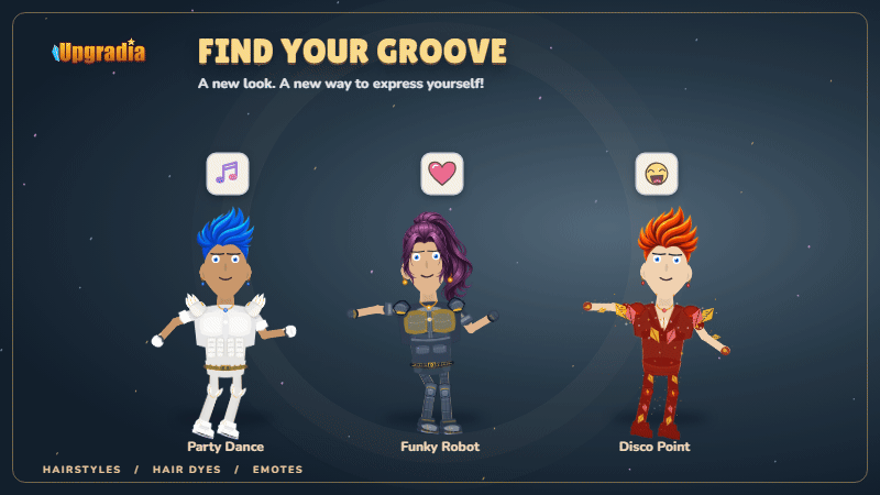 Party Dance, Funky Robot and Disco Point emotes with colourful hairstyles